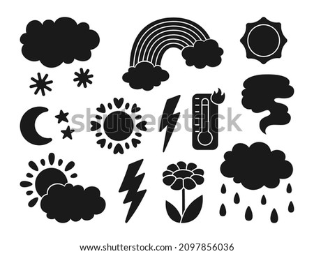 Weather icon or stamp set. Silhouette sun and clouds, rain snow, lightning, moon, star, thermometer flower. Hand drawn climate meteorological infographic sign. Funny nature weather stencil collection Royalty-Free Stock Photo #2097856036