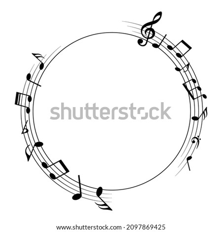 Music notes background, round musical frame, vector illustration. Royalty-Free Stock Photo #2097869425