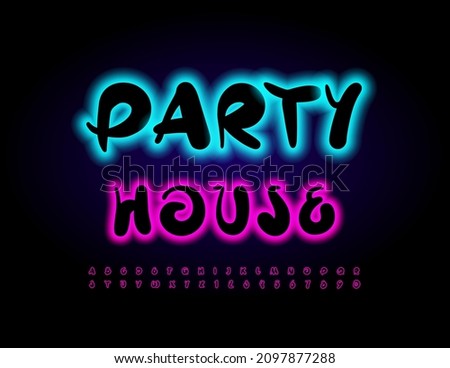 Vector bright Banner Party House. Playful Neon Font. Glowing  Alphabet Letters and Numbers