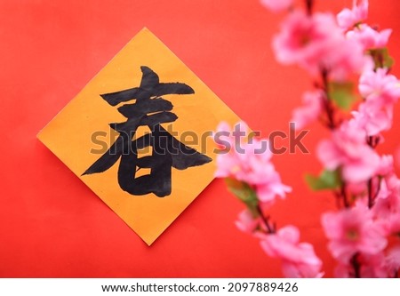 Top view of blossom and festive decoration, the word inside picture means blessing.