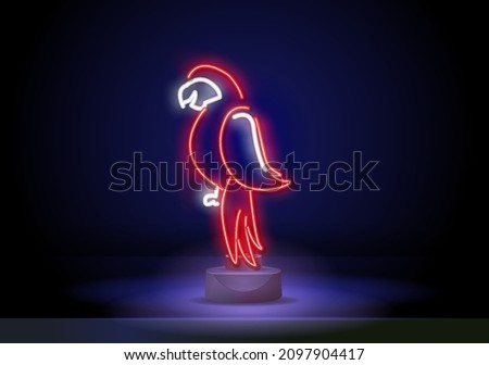 Neon pirate parrot neon icon on stand, design template, modern trend design, night neon signboard. Glowing neon line Pirate parrot icon isolated on dark wall background. Vector Illustration