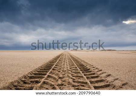 Tyre tracks on the sand of the beach Royalty-Free Stock Photo #209790640