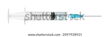 Realistic syringe icon in flat style. Coronavirus vaccine inject vector illustration on isolated background. Vaccination sign business concept. Royalty-Free Stock Photo #2097928921