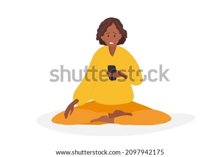 Sad girl sits on floor with crossed legs and looks at phone. Woman with casual clothes orenge color. Young woman having astonished news hold mobile phone. Bad, terrible news. Vector isolated.