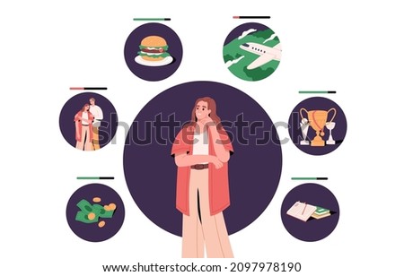 Coaching wheel, psychology concept. Person estimating life balance and harmony, its areas and categories, relationships, finance and travel. Flat vector illustration isolated on white background
