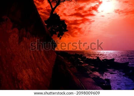 Protected from waves shore, impact concrete wall and tetrapod. Thermal image photo Royalty-Free Stock Photo #2098009609