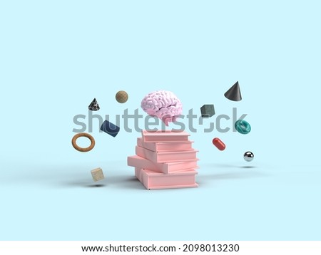 3d render. development of mental abilities. Pink brain over books. In a circle, abstract shapes.
