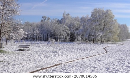 Wide winter panorama with frozen trees in Europe. Picturesque Lithuanian landscape.Cold,sunny winter day.Beauty of nature concept background.