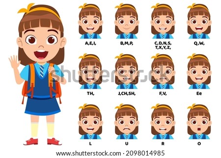 Cute kid school girl character standing bag and with mouth animation pack with lip syncing set for animation and sound pronunciation