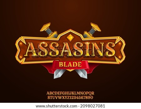 fantasy golden assassin blade medieval rpg game logo title text effect with border, ribbon and sword Royalty-Free Stock Photo #2098027081