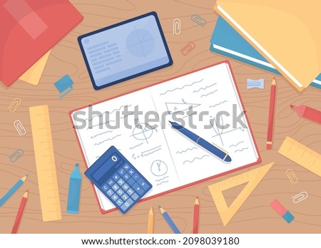Mathematics homework flat color vector illustration. Calculating math. Workspace for students. Table with books and textbooks. Top view 2D cartoon illustration with desktop on background collection Royalty-Free Stock Photo #2098039180