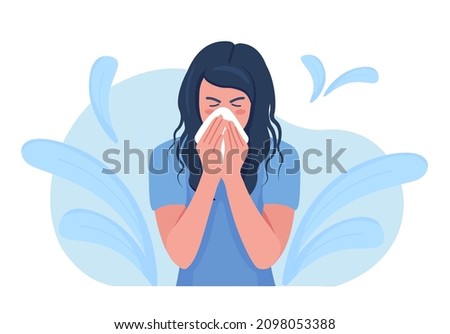 Female character sneezing, coughing in tissue. Prevention against virus, infection. Sick woman sneeze in handkerchief to prevent germs from flying from their mouths. Season allergy. Virus protection Royalty-Free Stock Photo #2098053388