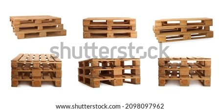 Set with wooden pallets on white background. Banner design