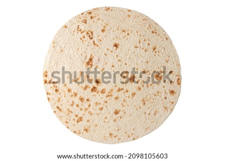 white pita bread handmade in tandoor isolated on a background. texture of thin fried round traditional armenian lavash top view Royalty-Free Stock Photo #2098105603