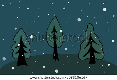 Hand-drawn trees, a snowy night in a forest, simplistic landscape, childish drawing style