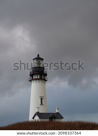 The Yaquina Head Lighthouse on the Oregon Coast with storm clouds overhead and dried grass in the foreground.