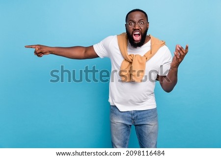 Photo of angry boss yell fire employee get-out concept wear white t-shirt jumper front-tie isolated blue color background Royalty-Free Stock Photo #2098116484