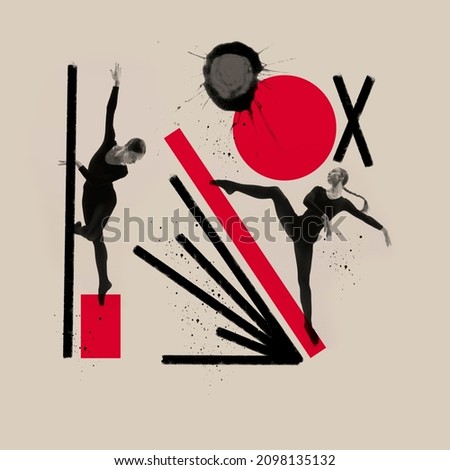 Retro artwork. Creative design. Two young woman, ballet dancers training isolated over gray background with geometric drawn figures. Concept of classic dance style, art, show, beauty, inspiration