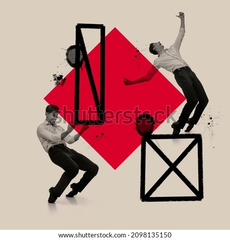 Creative colorful design. Young man, ballet, contemp dancer in motion, showing excitemen isolated over gray background. Geometry figures background, red and black. Retro artwork collage