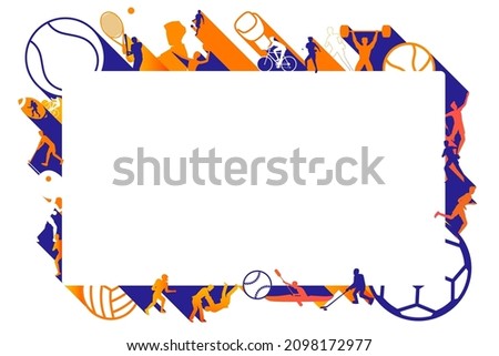Vector illustration of sports background design with sport players in different activities and space blank for text. football, hockey, volleyball, running, rugby, badminton, sailing yacht, gymnastics