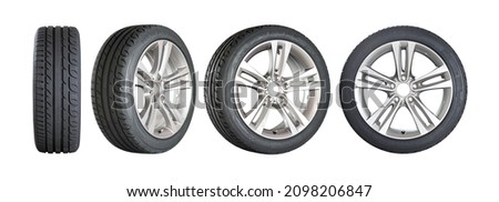 Different angles viewed of wheel on a white background. Name and logo was retouched, only tire labeling visible. Royalty-Free Stock Photo #2098206847
