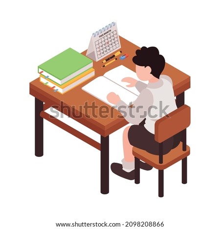 Isometric junior school composition with character of schoolboy sitting at desk with stationery vector illustration