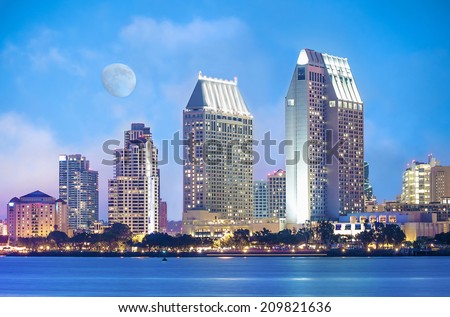Downtown Cityscape with Buildings Reflecting, City of San Diego, California USA and Moon 