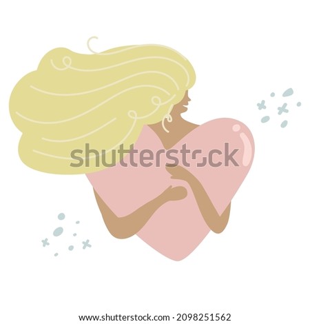 black woman hugs a big heart with love and care. Girl with long blonde hair holds pink heart in hands. Self care and body positive concept. Feminism, girl power concept. self love 