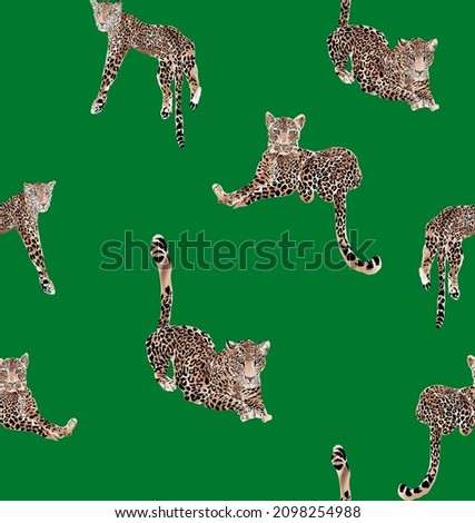 Animal abstract illustratrion leopard seamless pattern. Fabric motif texture repeated. Wild safari element on green color background.