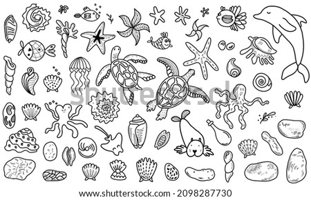 Set of vector illustrations of various outline graphic icons with marine animals and fish against white background
