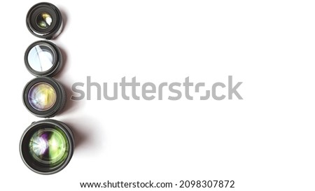 Camera lens with lens reflections. white background. copy space