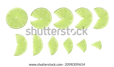 Lime slices on white background cut into different sections of a circle Royalty-Free Stock Photo #2098309654