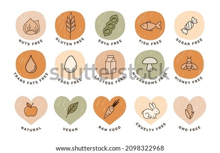 Hand drawn allergens icon. Collection of gluten free, fish, egg, nuts, soya, milk, dairy free icons, sticker and symbols
