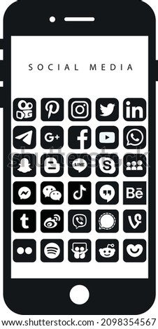 logo social media, logo de redes sociales, icon social media, vector smartphone. Facebook, instagram, twitter, linkedin, youtube, telegram, vimeo, Snapchat, whatsapp, pinterest, tiktok snapchat, kwai. Royalty-Free Stock Photo #2098354567