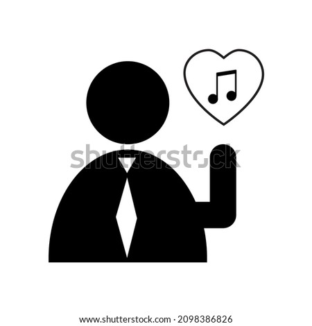 Music note in heart. Man silhouette. Love music sign. Black silhouette. Audio concept. Vector illustration. Stock image. 