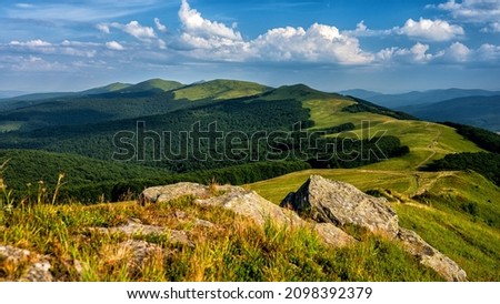 A sunny day in a green mountain meadow. The Bieszczady Mountains, Carpathians, Ukraine. Royalty-Free Stock Photo #2098392379
