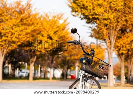 Bike parked under yellow maple trees on the trek in Hibikino under sunshine, kitakyushu, Fukuoka, Japan