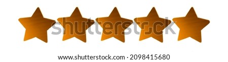 five golden stars customer icon for product rating review.  5 wooden golden stars for website and mobile application isolated on white background.