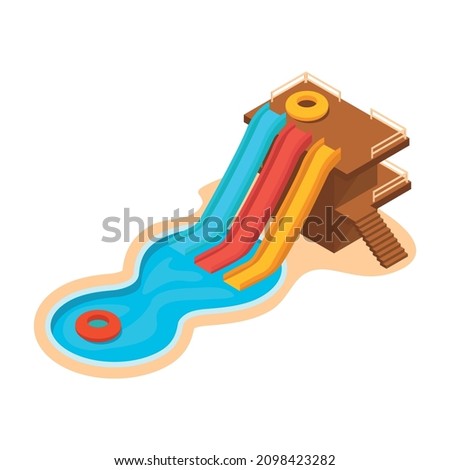 Sea cruise isometric composition with isolated image of colorful aquapark water slide vector illustration