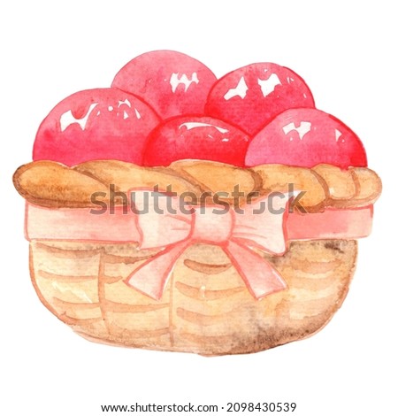 Wood basket with ribbon and fruit watercolor illustration for decoration on stiil life and farm.