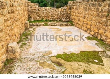 View of mosaic floor of an ancient Byzantine church, in Khirbet Hanoot, the lower Judaean Mountains, central Israel Royalty-Free Stock Photo #2098468039