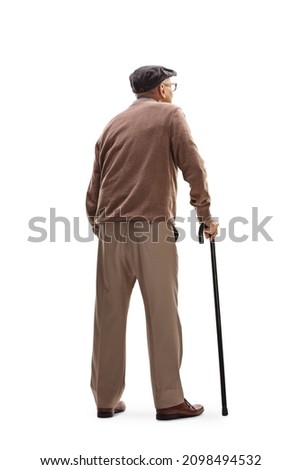 Rear view shot of an elderly man standing with a cane isolated on white background Royalty-Free Stock Photo #2098494532
