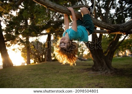 Funny child climbing a tree in the garden. Active kid playing outdoors. Portrait of cute kid boy sitting on the branch tree on sunny day. Child climbing a tree. Childhood concept. Royalty-Free Stock Photo #2098504801