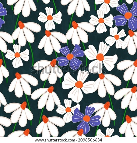 Abstract Petal Flowers Hand Drawn Design Cute Look Seamless Pattern Trendy Fashion Colors Textured Background Petrol Blue Tones