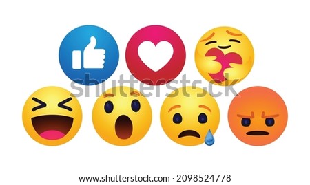high quality vector round yellow cartoon bubble emoticons comment social media Facebook chat comment reactions, icon template face tear, smile sad, hug love like, Lol, laughter emoji character message Royalty-Free Stock Photo #2098524778