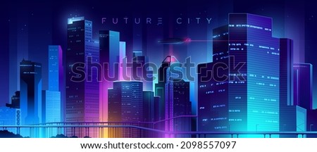 Futuristic night city. Cityscape on a colorful background with bright and glowing neon lights. Wide city front perspective view. Cyberpunk and retro wave style illustration. Royalty-Free Stock Photo #2098557097