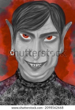 Portrait of a grinning man with red eyes