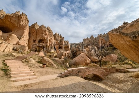 Zelve Open Air Museum in Goreme, Cappadocia, Turkey. Cave town and houses at rock formations. Royalty-Free Stock Photo #2098596826