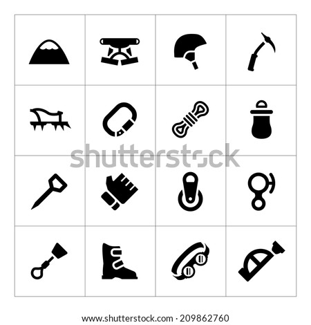 Set icons of mountaineering isolated on white. Vector illustration