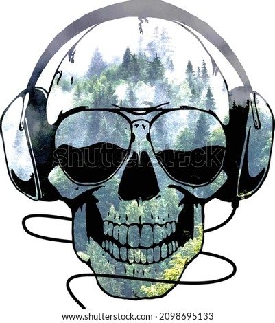A digital work of art depicting a skull listening to music, surrounded by nature.